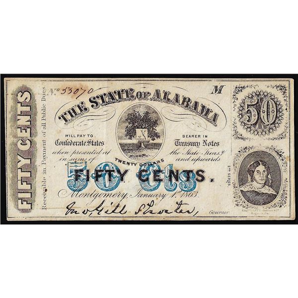 1863 State of Alabama 50 Cents Obsolete Note