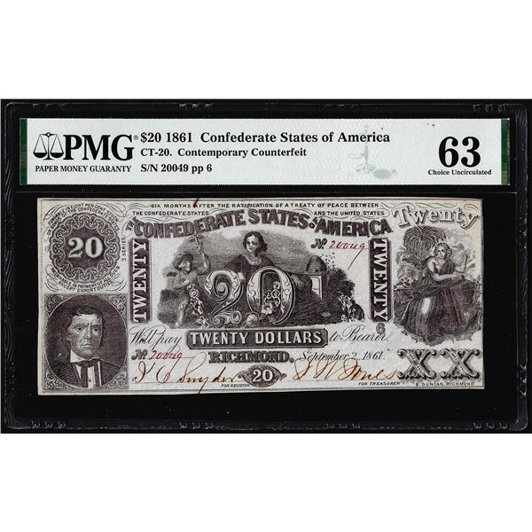 1861 $20 Confederate States of America Note PMG Choice Unc. 63 Contemporary Counterfeit