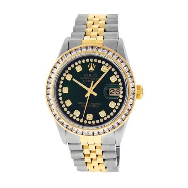 Rolex Men's Two Tone Green String Princess Cut Diamond Datejust Wristwatch