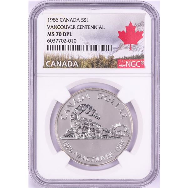 1986 $1 Canada Vancouver Centennial Silver Dollar Coin NGC MS70 DPL