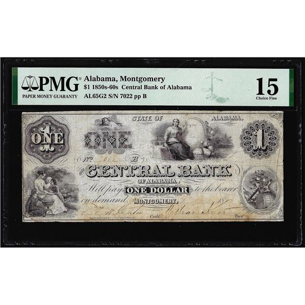1850-60s $1 Central Bank of Alabama Montgomery Obsolete Note PMG Choice Fine 15