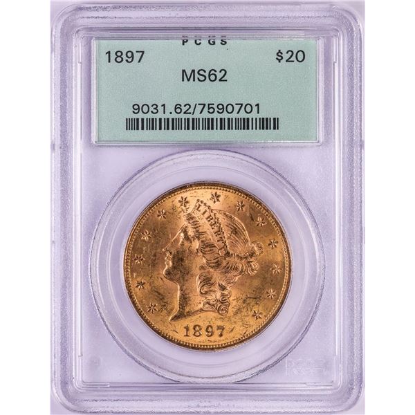 1897 $20 Liberty Head Double Eagle Gold Coin PCGS MS62 Old Green Holder