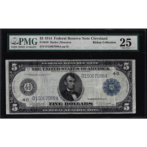 1914 $5 Federal Reserve Note Cleveland Fr.858 PMG Very Fine 25