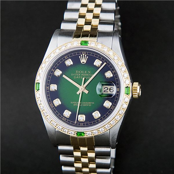 Rolex Men's Two Tone Green Vignette Diamond Datejust Wristwatch