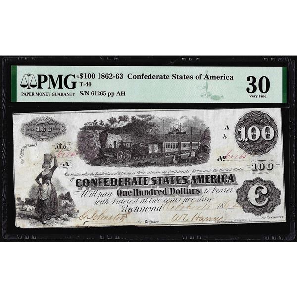 1862-63 $100 Confederate States of America Note T-40 PMG Very Fine 30