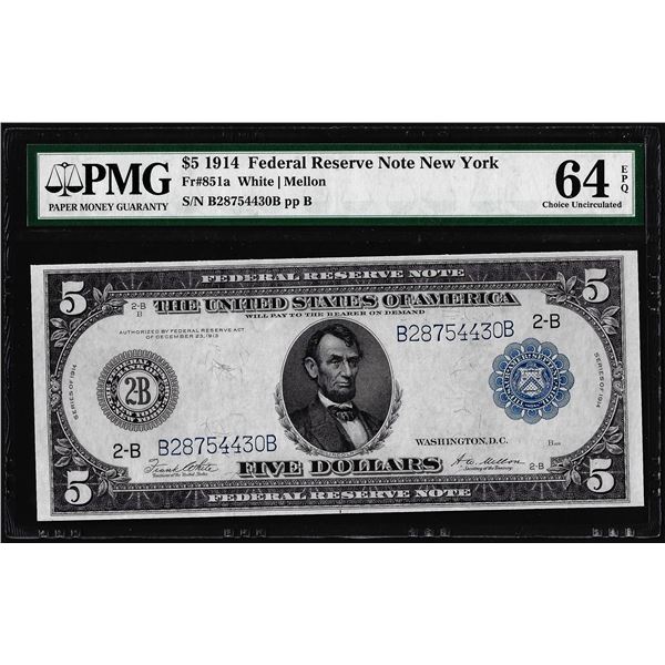 1914 $5 Federal Reserve Note New York Fr.851 PMG Choice Uncirculated 64EPQ