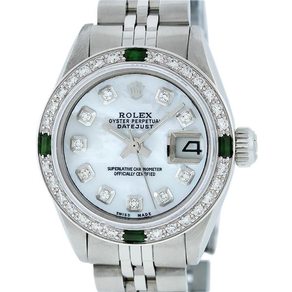 Rolex Ladies Stainless Steel Mother Of Pearl Diamond & Emerald Datejust Wristwatch