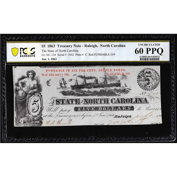 1863 $5 State of North Carolina Raleigh, NC Obsolete Note PCGS Uncirculated 60PPQ