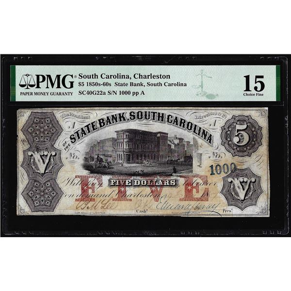 1850-60s $5 State Bank South Carolina Charleston Obsolete Note PMG Choice Fine 15