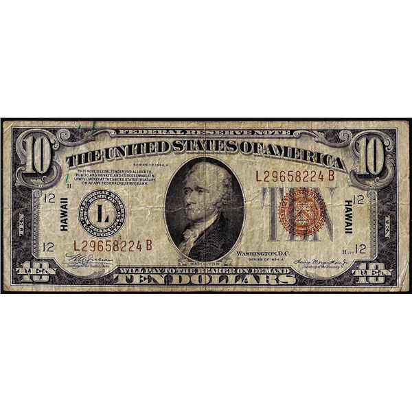 1934A $10 Hawaii WWII Emergency Issue Federal Reserve Note