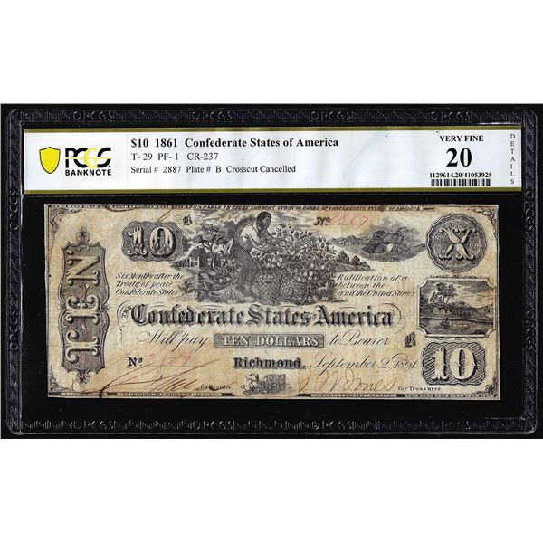 1861 $10 Confederate States of America Note T-29 PF-1 PCGS Very Fine 20 Details