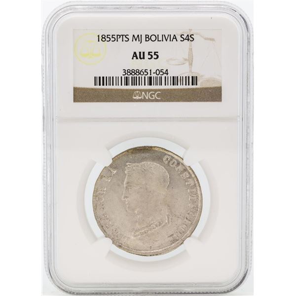 1855PTS MJ Bolivia 4 Sol Coin NGC AU55