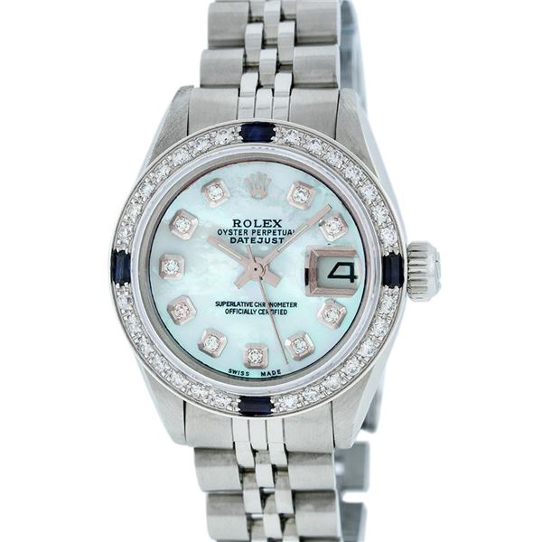 Rolex Ladies Stainless Steel Blue Vignette Diamond & Sapphire Datejust Wristwatch