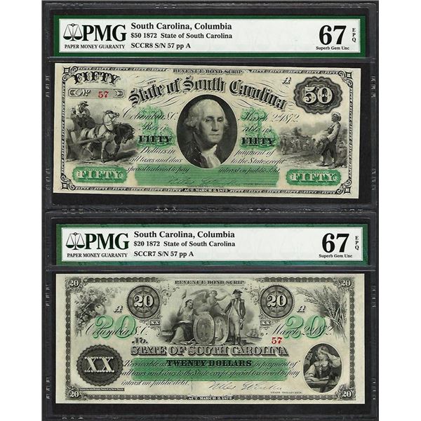 Low Serial Set 1872 $20 & $50 South Carolina Obsolete Notes PMG Superb Gem Unc. 67EPQ