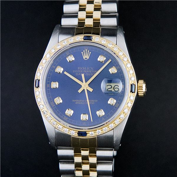 Rolex Men's Two Tone Blue Diamond & Sapphire Oyster Perpetual Datejust Wristwatch