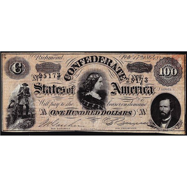 1864 $100 Confederate States of America Note
