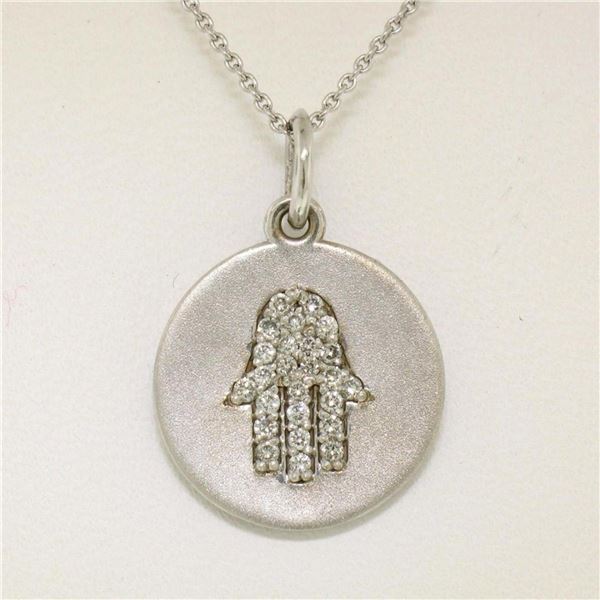 14K White Gold 0.18 ctw Diamond Hand of Fatima Hamsa Hand Disk Pendant w/16" Cha