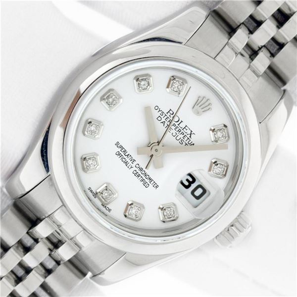 Rolex Ladies Stainless Steel White Diamond Quickset Datejust Wristwatch With Rol