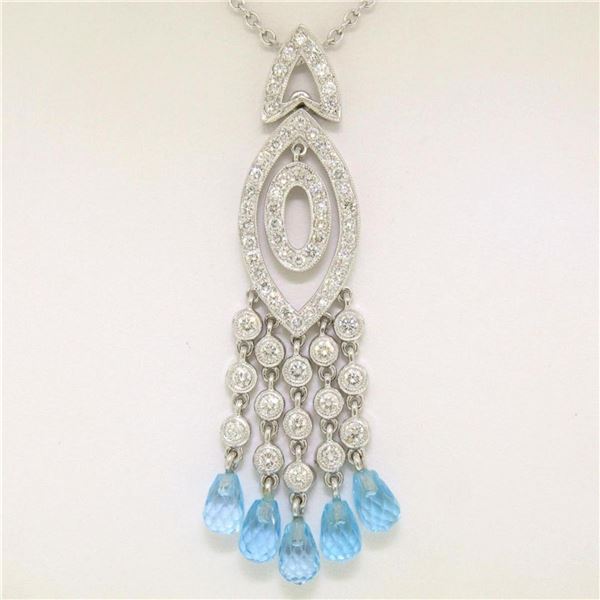 18k White Gold 1.30 ctw Diamond & Blue Topaz Briolette Chandelier Dangle Necklac