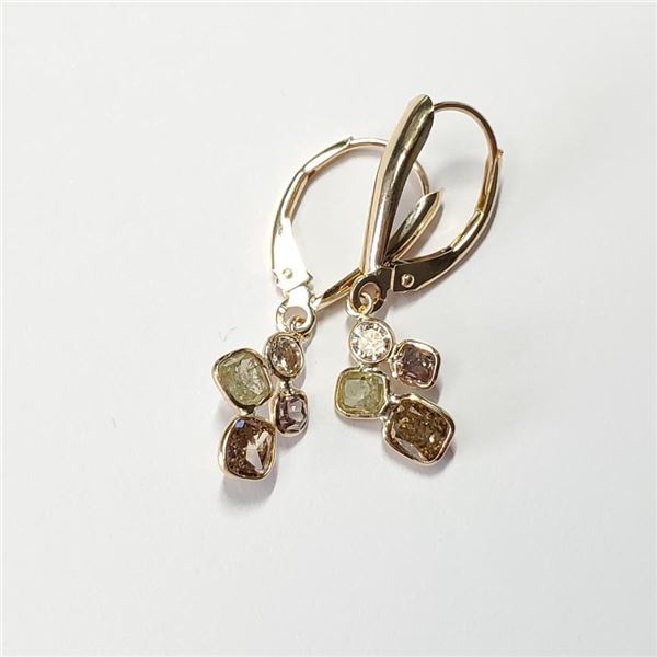 10K Yellow Gold Fancy Color Diamond(1.32Ct, I1-I3) Diamond(0.13Ct,I1-I2,G-H) Earrings (~weight 1.17g