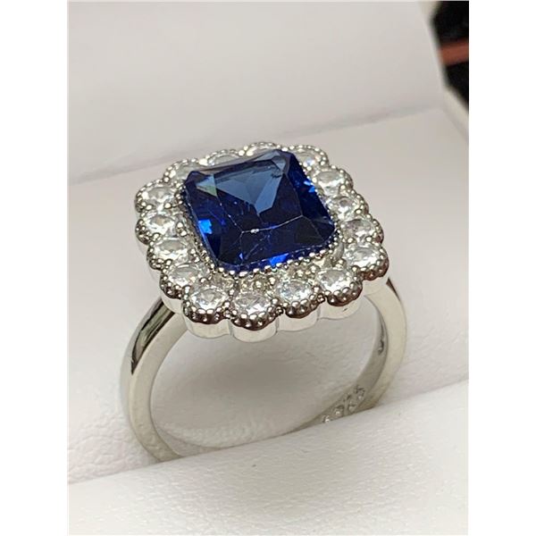 Ladies Silver Emerald Cut Topaz Solitaire Cluster Top Dress Ring 1.2 Carat Size 7