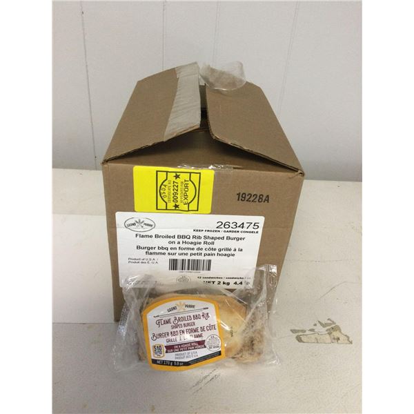 Case of Frozen Grand Prairie Flame Broiled BBQ Rib Shaped Burger on a Hoagie Roll (12 x 170g)