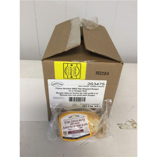Case of Frozen Grand Prairie Flame Broiled BBQ Rib Shaped Burger on a Hoagie Roll (12 x 170g)