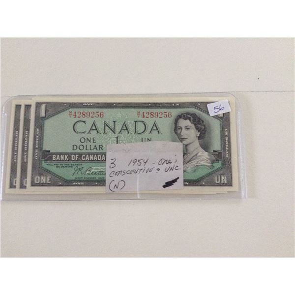 Three X 1954 Canada One`s (Consecutive & Uncirculated)