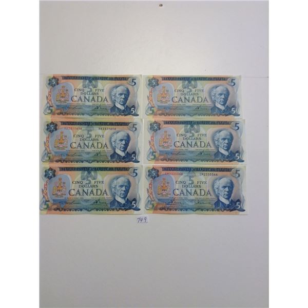 Six 1979 Canada $5.00 Dollar Bills Uncirculated