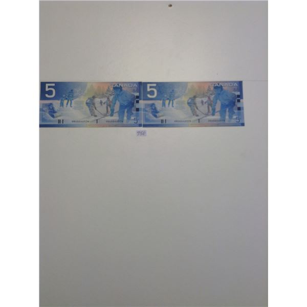 2-2002 Canada $5 Uncirculated Consecutive Serial 6974 6975