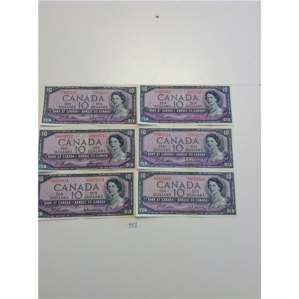 Six 1954 Canada $10.00 Dollar Bills Uncirculated