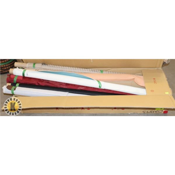 BOX OF ASSORTED FABRICS, ALL ROLLS ARE 1-2 YARDS