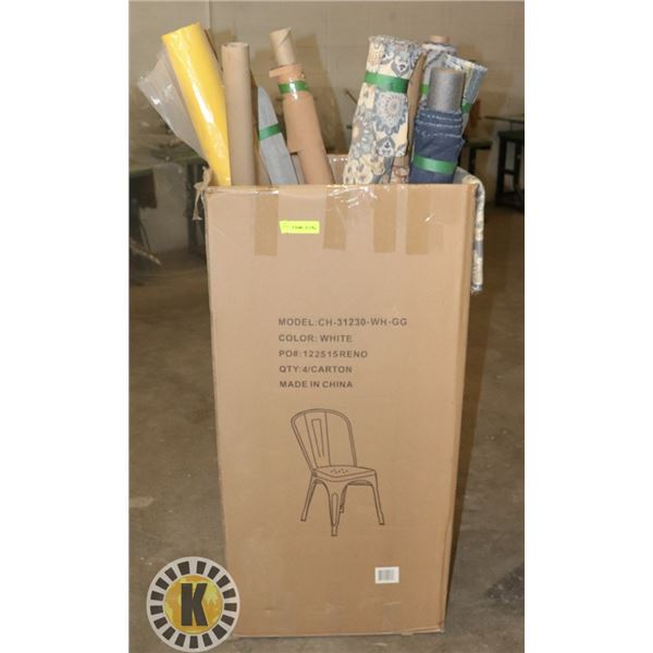 BOX OF ASSORTED FABRICS, ALL ROLLS ARE 1-3 YARDS