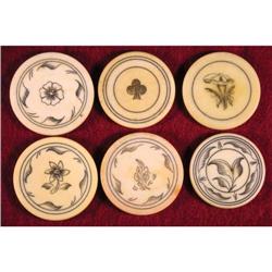 Six Ivory Poker Chips with Floral Designs
