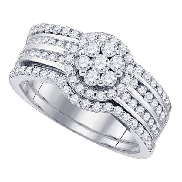 Diamond Cluster Bridal Wedding Ring Band Set 1 Cttw 14KT White Gold