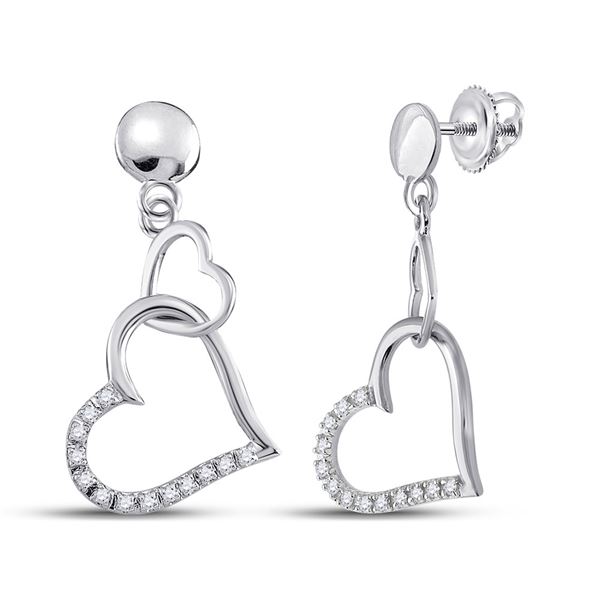 Round Diamond Heart Dangle Earrings 1/10 Cttw 10KT White Gold