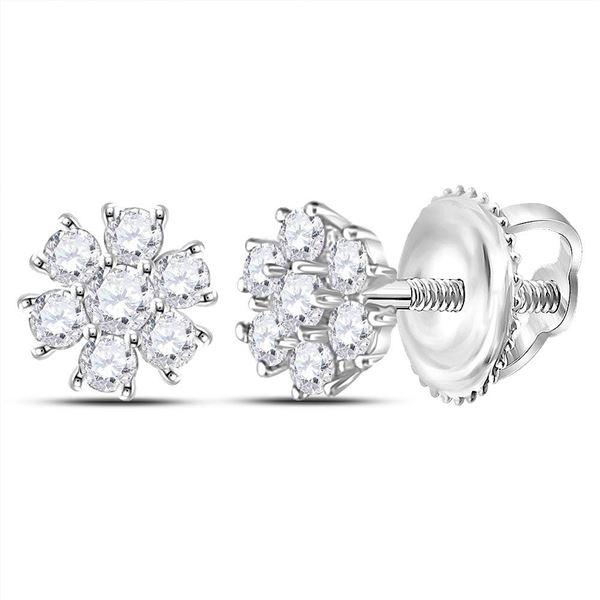 Round Diamond Flower Cluster Burst Earrings 1/8 Cttw 10KT White Gold