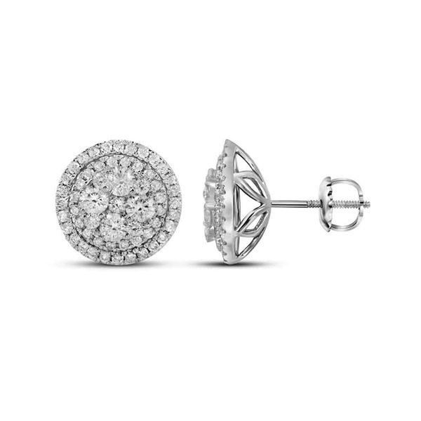 Round Diamond Framed Flower Cluster Earrings 1-3/4 Cttw 14KT White Gold