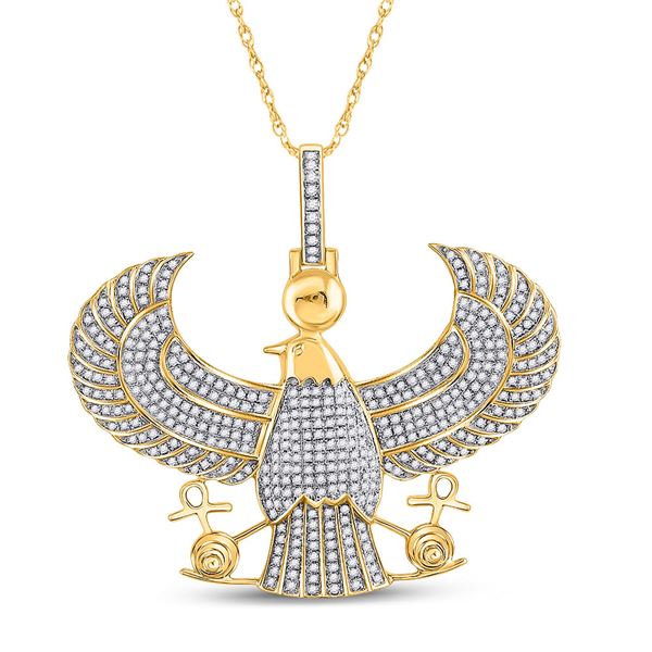 Round Diamond Eagle Falcon Egyptian Horus Ankh Charm Pendant 1-3/4 Cttw 10KT Yellow Gold