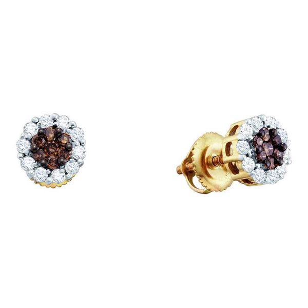 Round Brown Diamond Flower Cluster Earrings 1-1/2 Cttw 14KT Yellow Gold