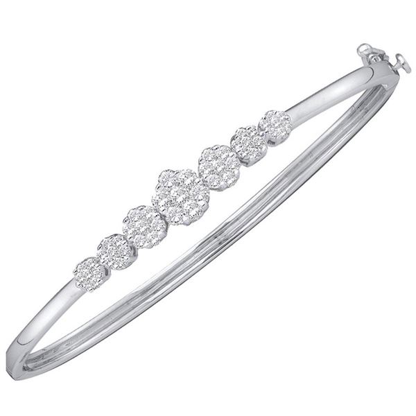 Round Diamond Flower Cluster Bangle Bracelet 1 Cttw 14KT White Gold