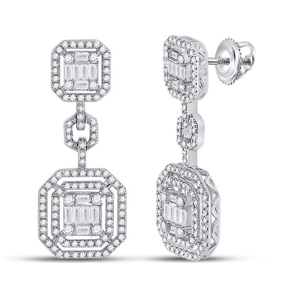 Baguette Diamond Octagon Dangle Earrings 1-1/2 Cttw 14KT White Gold