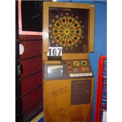Electronic dart board game by Arachnid carved wood front 7 games