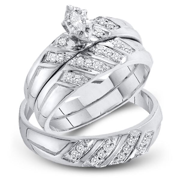 His Hers Marquise Diamond Solitaire Matching Wedding Set 1/4 Cttw 10kt White Gold