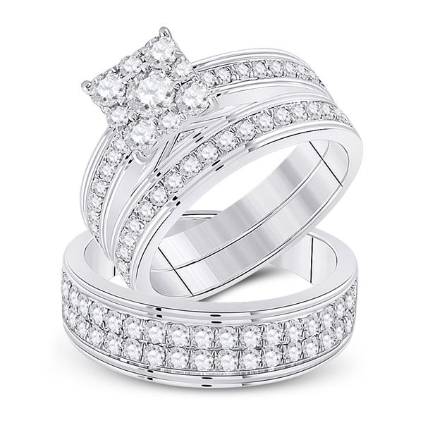 His Hers Diamond Cluster Matching Wedding Set 2-1/5 Cttw 14kt White Gold