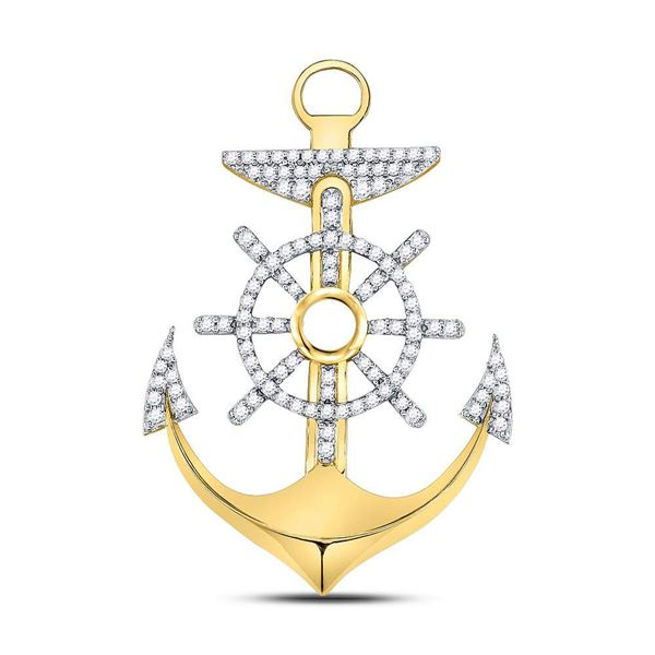 Mens Diamond Anchor Wheel Nautical Charm Pendant 1-1/5 Cttw 10kt Yellow Gold