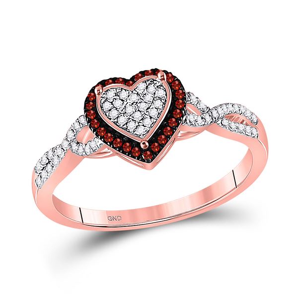 Red Color Enhanced Diamond Heart Cluster Twist Ring 1/5 Cttw 10kt Rose Gold