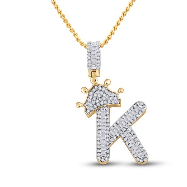 Mens Baguette Diamond Crown K Letter Charm Pendant 5/8 Cttw 10kt Yellow Gold