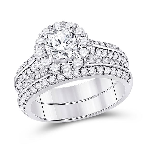 Diamond Halo Bridal Wedding Ring Band Set 1-7/8 Cttw 14kt White Gold