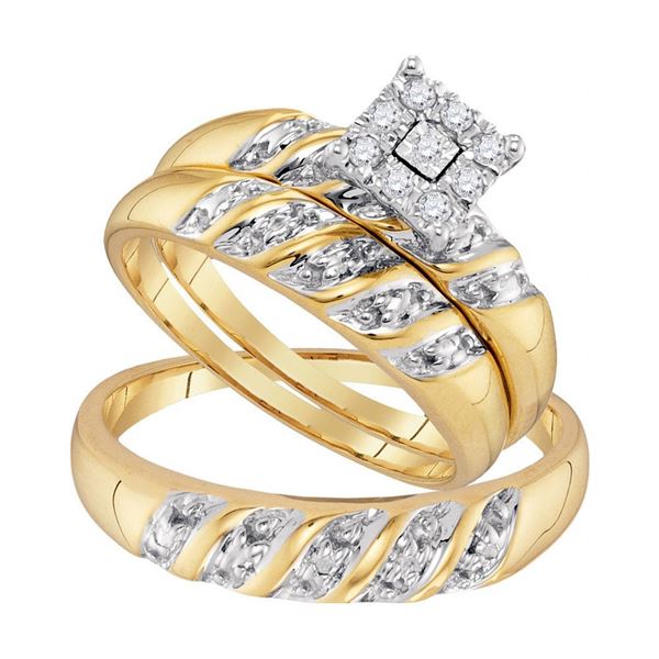 His Hers Diamond Cluster Matching Wedding Set 1/8 Cttw 10kt Yellow Gold